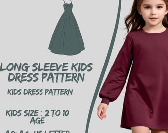 Patrón de costura para vestido infantil de manga larga: tallas 2-10 (patrón PDF)