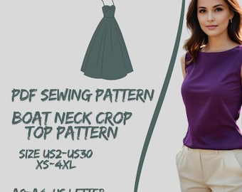 Puede incluir: Un patrón de costura PDF para un top corto de cuello barco. El patrón está disponible en las tallas US2-US30 y XS-4XL. El patrón está disponible en los tamaños A0-A4 y US Letter. La imagen muestra a una mujer usando un top corto morado y un dibujo de línea del top corto.
