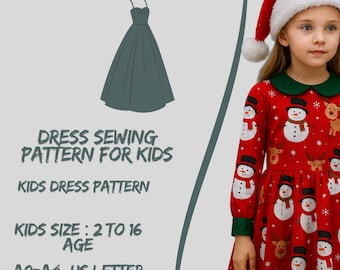 Girls Christmas Dress Sewing Pattern, Peter Pan Collar, Size 2-16 (PDF Pattern)