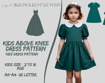 Patrón de costura para vestido de cuello Peter Pan para niña, talla 2-16 (patrón PDF)