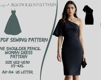 One Shoulder Pencil Dress Sewing Pattern: Flared Sleeve (PDF Pattern)
