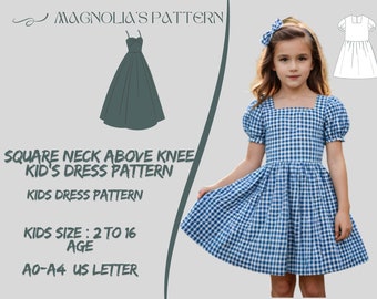 Girls Square Neck Dress Sewing Pattern: Size 2-16 (PDF Pattern)