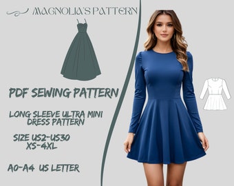 Long Sleeve Ultra Mini Dress Sewing Pattern (PDF) - US 2-30, XS-4XL
