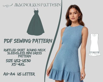 Ruffled Mini Dress Sewing Pattern: Sleeveless Round Neck (A0 A4 US Letter) (PDF Pattern)