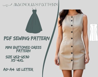 Mini Buttoned Dress Sewing Pattern: Sleeveless, US 2-30 (PDF Pattern)