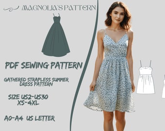 Gathered Strapless Summer Dress Sewing Pattern (US 2-30) (Digital Download)