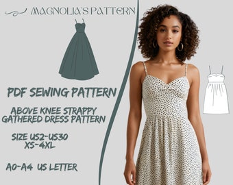 Strappy Gathered Summer Dress Sewing Pattern, Above Knee (A0 A4 US Letter) (US 2-30)