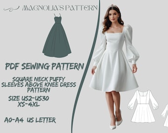 Square Neck Puffy Sleeve Dress Sewing Pattern (US 2-30) (Digital Download)