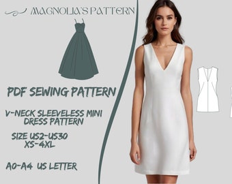 Linen Mini Dress Sewing Pattern: V-Neck Sleeveless (US 2-30) (PDF Pattern)