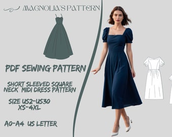 Naaipatroon midi-jurk vierkante hals: vintage stijl (A0 A4 US Letter) (pdf-patroon)