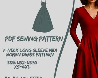 Long Sleeve V-Neck Midi Christmas Dress Pattern with Pockets (PDF Pattern)