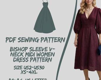 Bishop Sleeve V-Neck Midi Women Dress Pattern  (A0 A4 US Letter) Size : US2-30