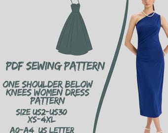 One Shoulder Below Knees Women Dress Pattern (PDF Pattern) A0 A4 USLetter / 2 - 30