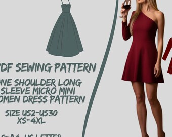 One Shoulder Long Sleeve Micro Mini Women Dress Pattern A0 A4 US Letter / 2 to 30 (PDF Pattern)
