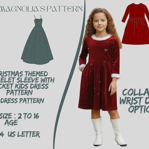 May include: A young girl models a red velvet Christmas dress with white trim on the collar and cuffs. The dress has a bracelet sleeve and pocket design. The image also shows dress pattern illustrations and text: "Christmas Themed Bracelet Sleeve with Pocket Kids Dress Pattern".