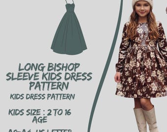 May include: A young girl wearing a brown floral print dress with long sleeves and white boots. The image also shows a dress pattern and the text "LONG BISHOP SLEEVE KIDS DRESS PATTERN". The pattern is for kids sizes 2 to 16.