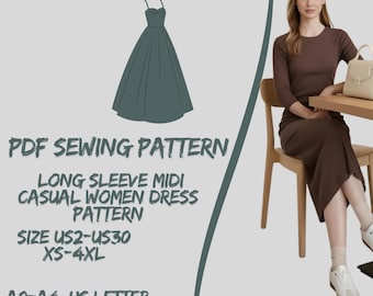 Long Sleeve Midi Casual Dress Pattern (PDF Pattern) A0 A4 US Letter / 2 - 30