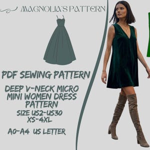 May include: A woman in a dark green velvet mini dress with a V-neck and knee-high brown boots. The image includes a dress pattern illustration and text: "PDF Sewing Pattern, Deep V-Neck Micro Mini Dress". The dress pattern is available in sizes XS-4XL.