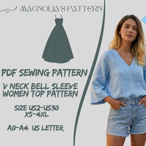May include: A light blue V-neck bell sleeve top. The image also includes a PDF sewing pattern with the text "V Neck Bell Sleeve Women Top Pattern". The pattern sizes range from US2-US30 and XS-4XL.