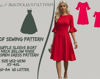 Ruffle Sleeve Boat Neck Below Knee Women Dress Pattern(PDF Pattern) A0 A4 USLetter / 2 - 30