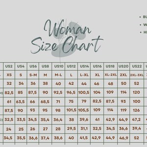 May include: A size chart for women's clothing with measurements in inches and centimeters. The chart includes sizes from XS to 5XL and lists bust, waist, and hip measurements.