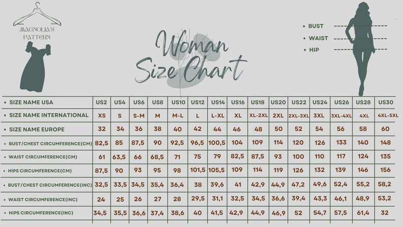 May include: A size chart for women's clothing with measurements in inches and centimeters. The chart includes sizes from XS to 5XL and lists bust, waist, and hip measurements.