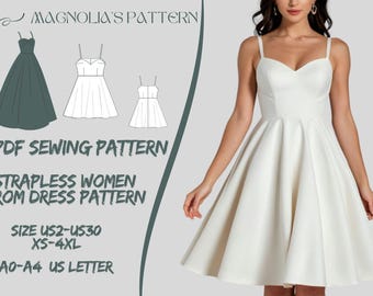 Strapless Women's Dress Sewing Pattern, Mini, US 2-30 (PDF Pattern)