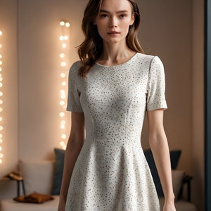 May include: A white dress with a gold polka dot pattern. The dress has a round neckline and short sleeves. The dress is fitted at the waist and flares out at the hem.
