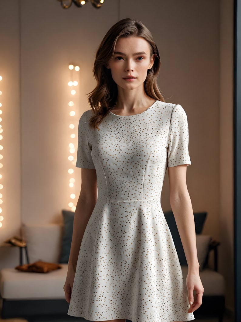 May include: A white dress with a gold polka dot pattern. The dress has a round neckline and short sleeves. The dress is fitted at the waist and flares out at the hem.