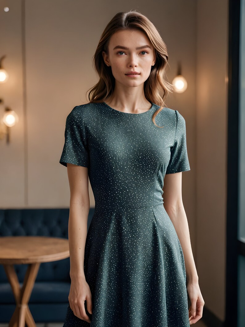 May include: A woman wearing a dark green dress with a white polka dot pattern. The dress has short sleeves and a fitted bodice.