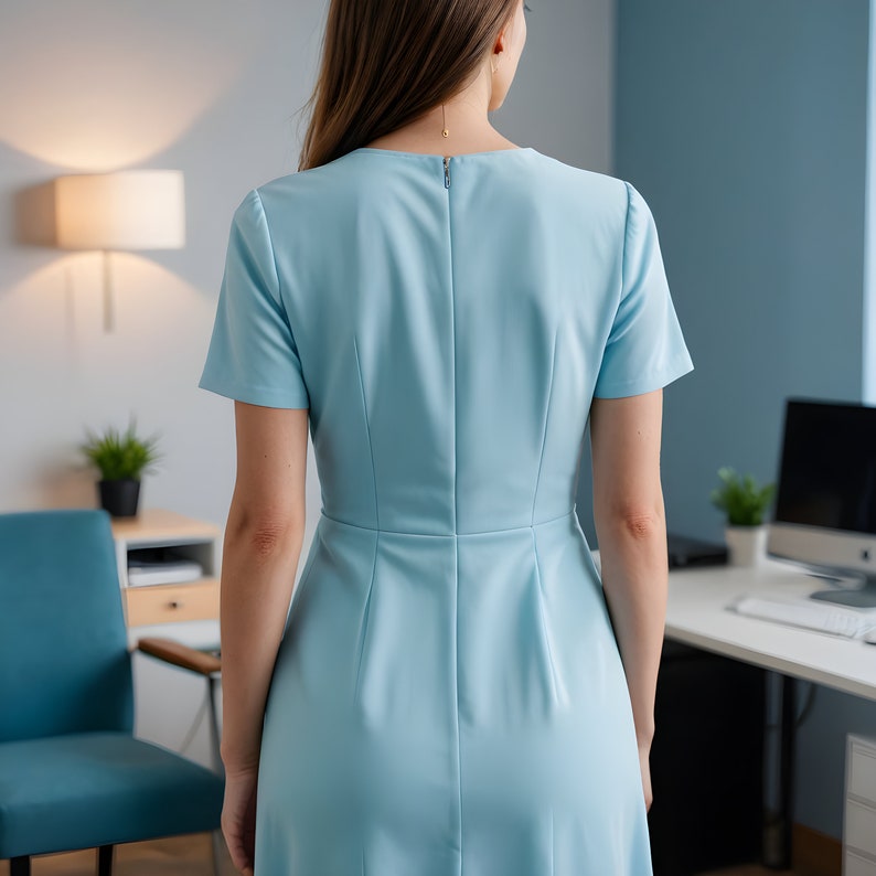 May include: A light blue dress with a simple, classic design. The dress has a round neckline, short sleeves, and a straight skirt.