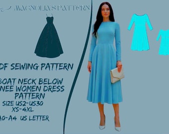Boat Neck Below Knee Women Dress Pattern (PDF Pattern) A0 A4 USLetter / 2 - 30
