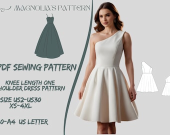 One Shoulder Dress Sewing Pattern: Knee Length (US 2-30) (PDF Pattern)