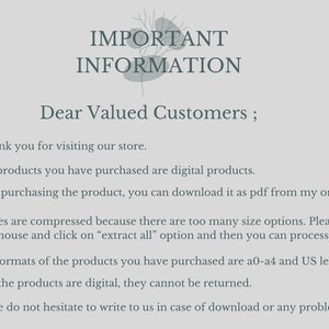 May include: Important information for customers purchasing digital products. The text states that the products are digital, can be downloaded as a PDF, and are available in A0-A4 and US letter sizes. The text also states that the products cannot be returned.