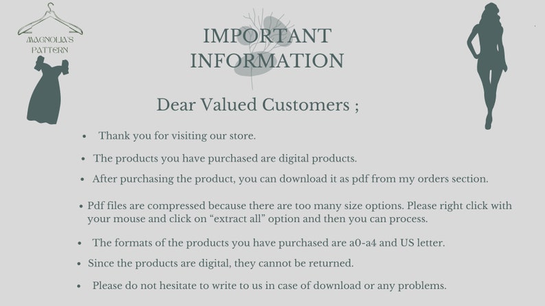 May include: Important information for customers purchasing digital products. The text states that the products are digital, can be downloaded as a PDF, and are available in A0-A4 and US letter sizes. The text also states that the products cannot be returned.