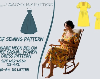 Square Neck Below Knee Casual Women Dress Pattern (PDF Pattern) A0 A4 USLetter / 2 - 30