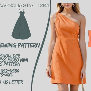 Patrón de mini vestido micro sin mangas de un hombro, vestido de verano, costura de mini vestido, patrón de costura de vestido de mujer A0 A4 Carta de EE. UU.-US 2 a 30