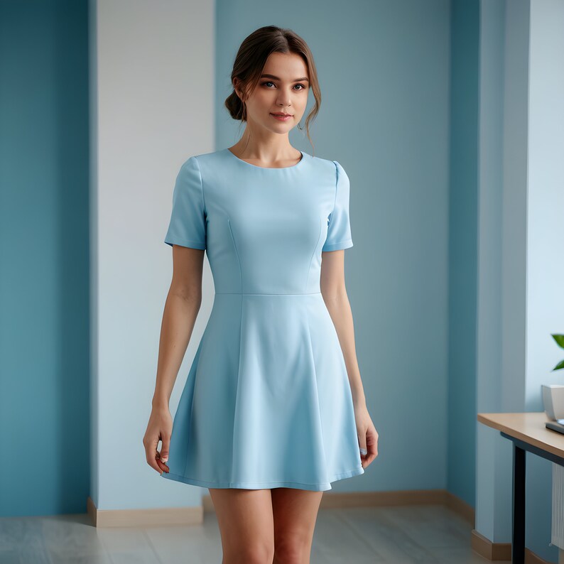May include: A woman wearing a light blue short-sleeved dress with a round neckline. The dress has a fitted bodice and a flared skirt.