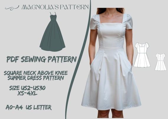 Square Neck Dress Sewing Pattern: Above Knee, US 2-30 (PDF Pattern) - Etsy