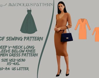 V-Neck Long Sleeve Women's Dress Pattern – Below Knee (PDF Pattern)