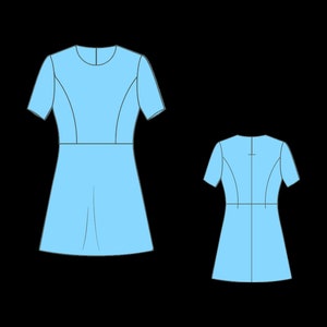 May include: A light blue dress with short sleeves and a round neckline. The dress has a fitted bodice and a flared skirt.