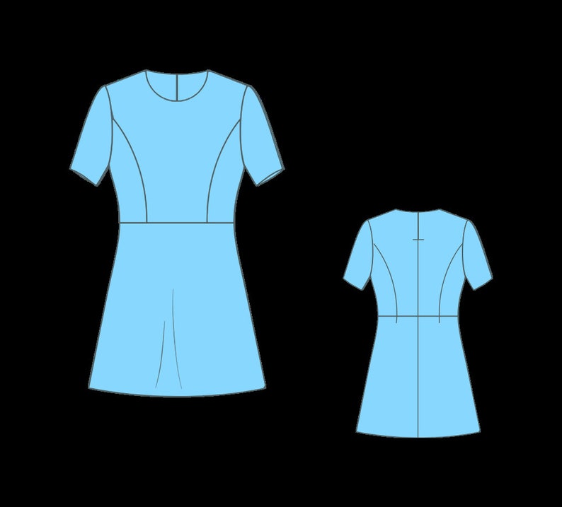 May include: A light blue dress with short sleeves and a round neckline. The dress has a fitted bodice and a flared skirt.