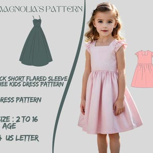 Modello di cucito per abito da bambina con scollo quadrato: manica svasata, taglie 2-16 (modello PDF)