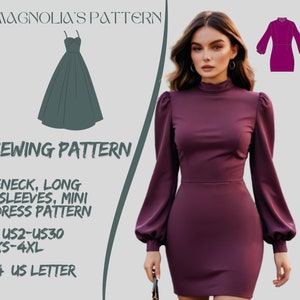 Pode incluir: Padrão de costura PDF para um vestido mini de gola alta com mangas bishop compridas. O padrão inclui os tamanhos US2-US30 e XS-4XL. O padrão está disponível nos tamanhos A0, A4 e US Letter.