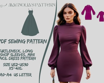May include: PDF sewing pattern for a turtleneck mini dress with long bishop sleeves. The pattern includes sizes US2-US30 and XS-4XL. The pattern is available in A0, A4, and US Letter sizes.
