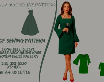 Christmas Dress, Long Bell Sleeve Square Neck Above Knee Women Dress Pattern (PDF Pattern) A0 A4 USLetter / 2 - 30