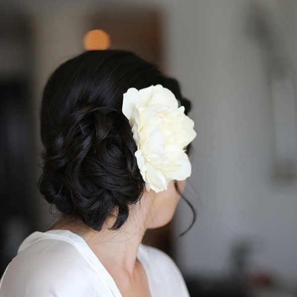Grace Champagne Ivory Peony Hair Flower, Fascinator, Large, Clip, Wedding, Bridal Headpiece, Elegant, Simple, Pearls