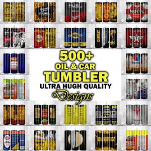 Puede incluir: Una colecci&oacute;n de vasos cil&iacute;ndricos con varios dise&ntilde;os, incluyendo logotipos y gr&aacute;ficos relacionados con marcas de aceite y autom&oacute;viles. La imagen presenta una disposici&oacute;n en cuadr&iacute;cula con el texto "500+ OIL & CAR TUMBLER DESIGNS" en el centro.