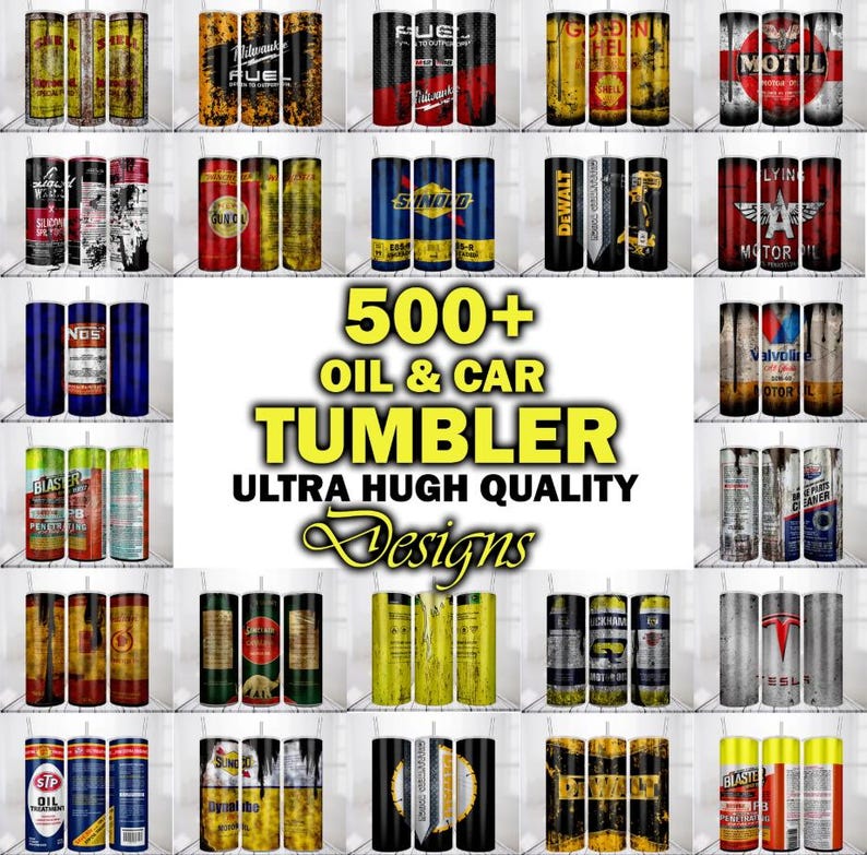 Puede incluir: Una colecci&oacute;n de vasos cil&iacute;ndricos con varios dise&ntilde;os, incluyendo logotipos y gr&aacute;ficos relacionados con marcas de aceite y autom&oacute;viles. La imagen presenta una disposici&oacute;n en cuadr&iacute;cula con el texto "500+ OIL & CAR TUMBLER DESIGNS" en el centro.