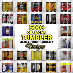 May include: A collage of 500+ oil and car themed tumbler designs. The designs feature various brands and logos, including  'Motul', 'Valvoline', 'STP', 'Nos', 'Sinol', 'Dewalt', 'Lyin', 'Blast', 'Dynalibe', 'Tesla', 'Fuel', 'Golden Shell', 'Milwaukee', 'Blaster', 'and 'Slid'.